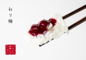 「ねり梅 ごはんと相棒たちちょこっとお試しセット」の文字と、お箸で掴んだ白米の上に赤いねり梅がのっている写真